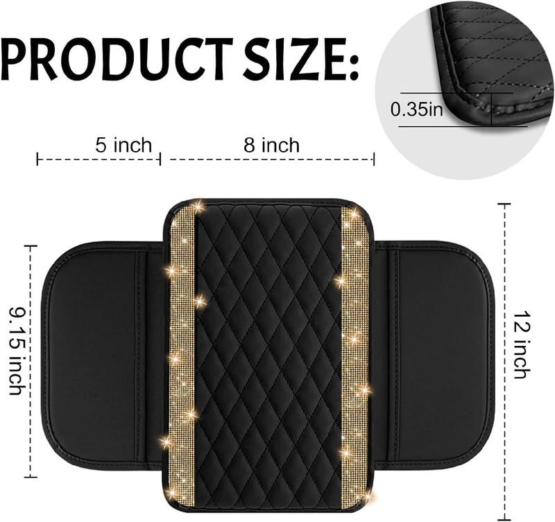 NBTEPEM Bling Car Center Console Cover, Leather Car Arm Rest Cover Cushion with 2 Storage Bags, Universal Automotive Armrest Protector Storage Box, Bling Accessories Interior for Most Vehicles (Gold) - Image 2